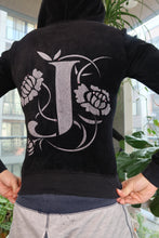 Load image into Gallery viewer, Vintage Juicy Couture Velour Zip-Up Hoodie – Black with Metallic “J” Floral Back Graphic
