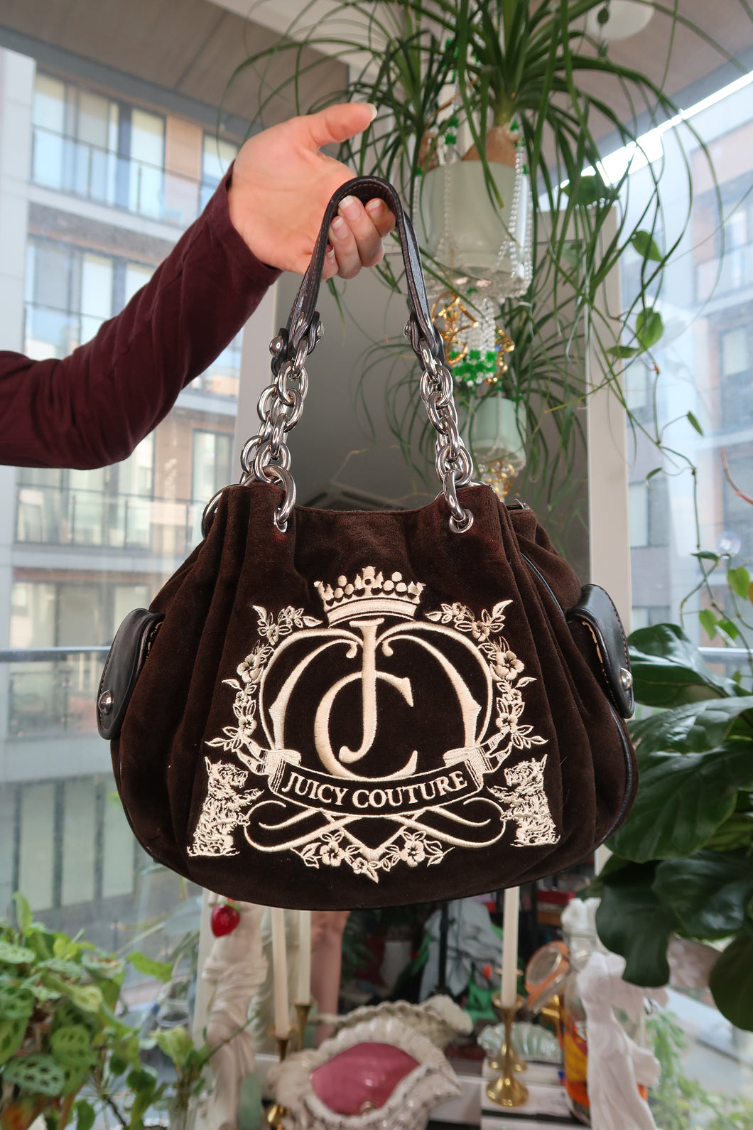 Vintage Juicy Couture Brown Velour Shoulder Bag with Crest Embroidery