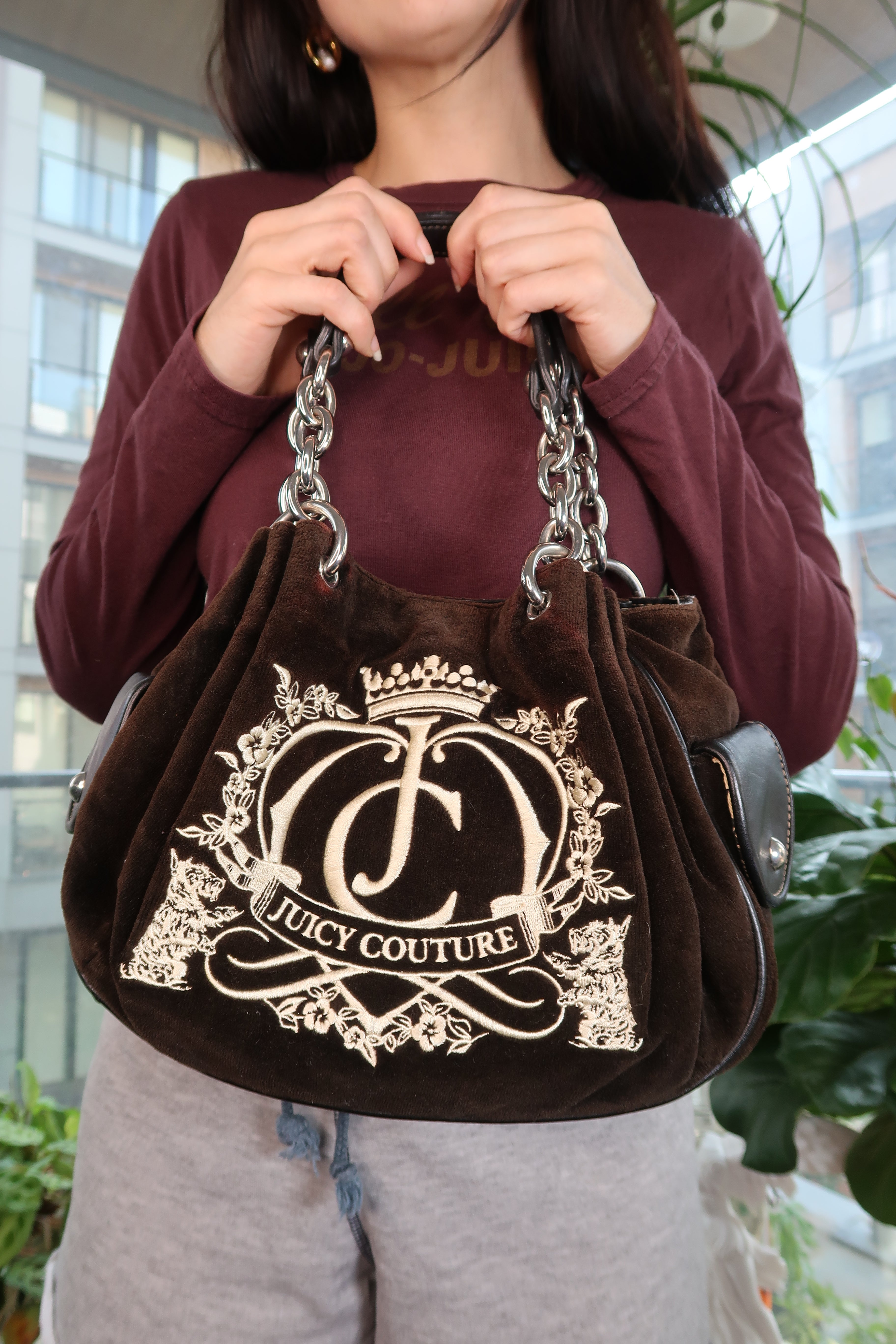 Vintage Juicy Couture Brown Velour Shoulder Bag with Crest