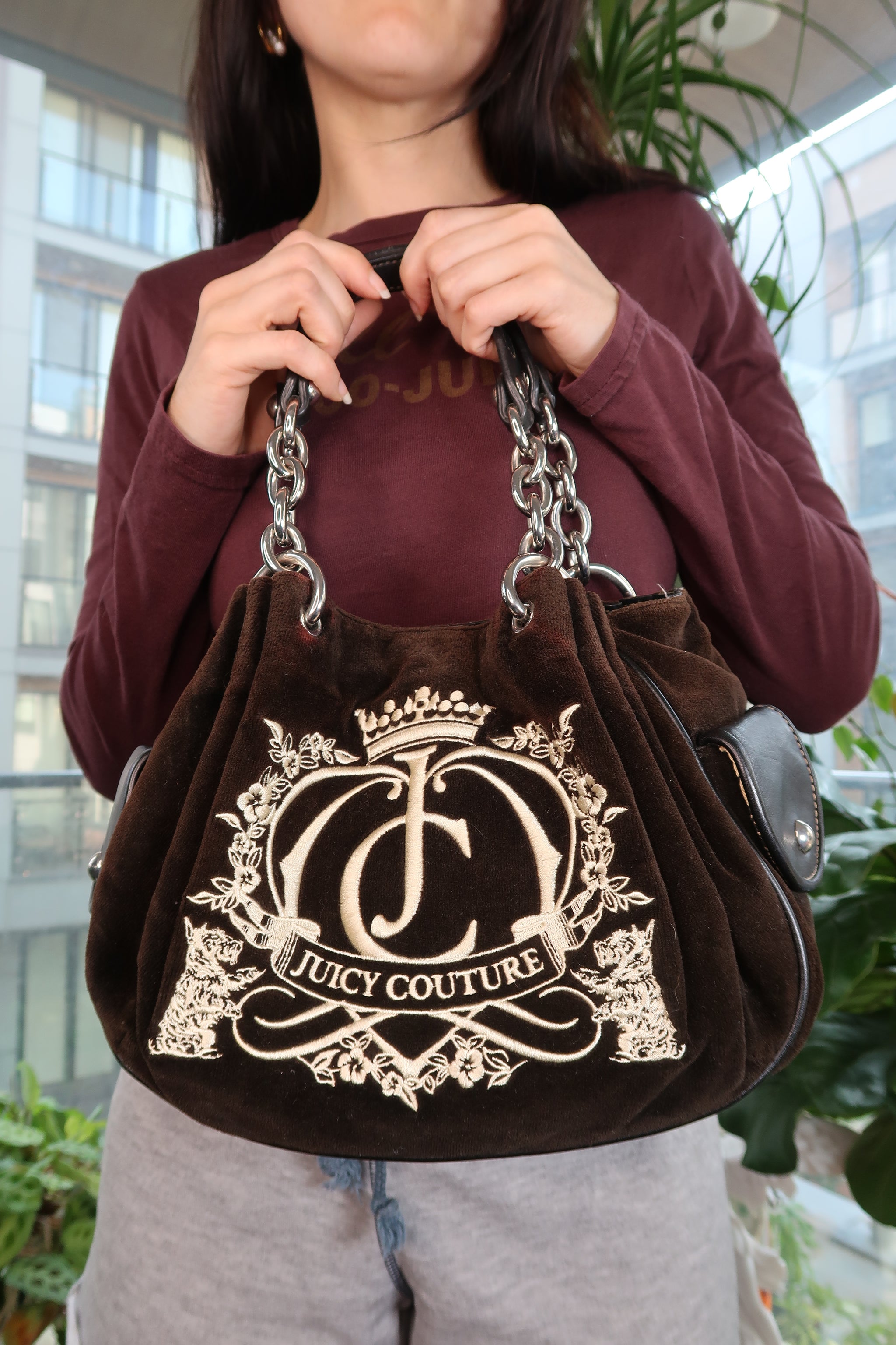 Vintage Juicy Couture Brown Velour Shoulder Bag with Crest