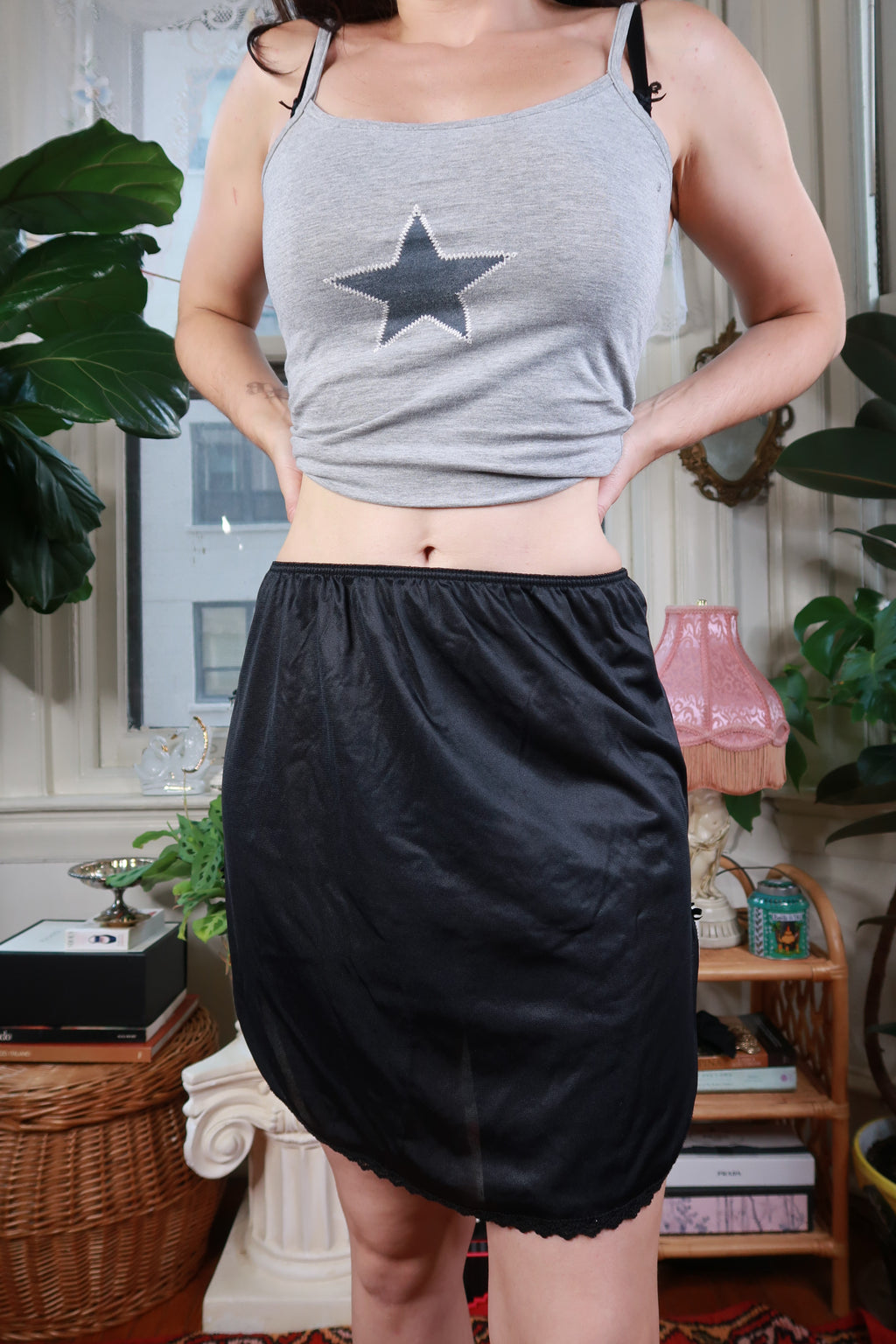 Elektra Vintage black sheer slip skirt with lace hem, vintage half slip skirt for a delicate, elegant look.