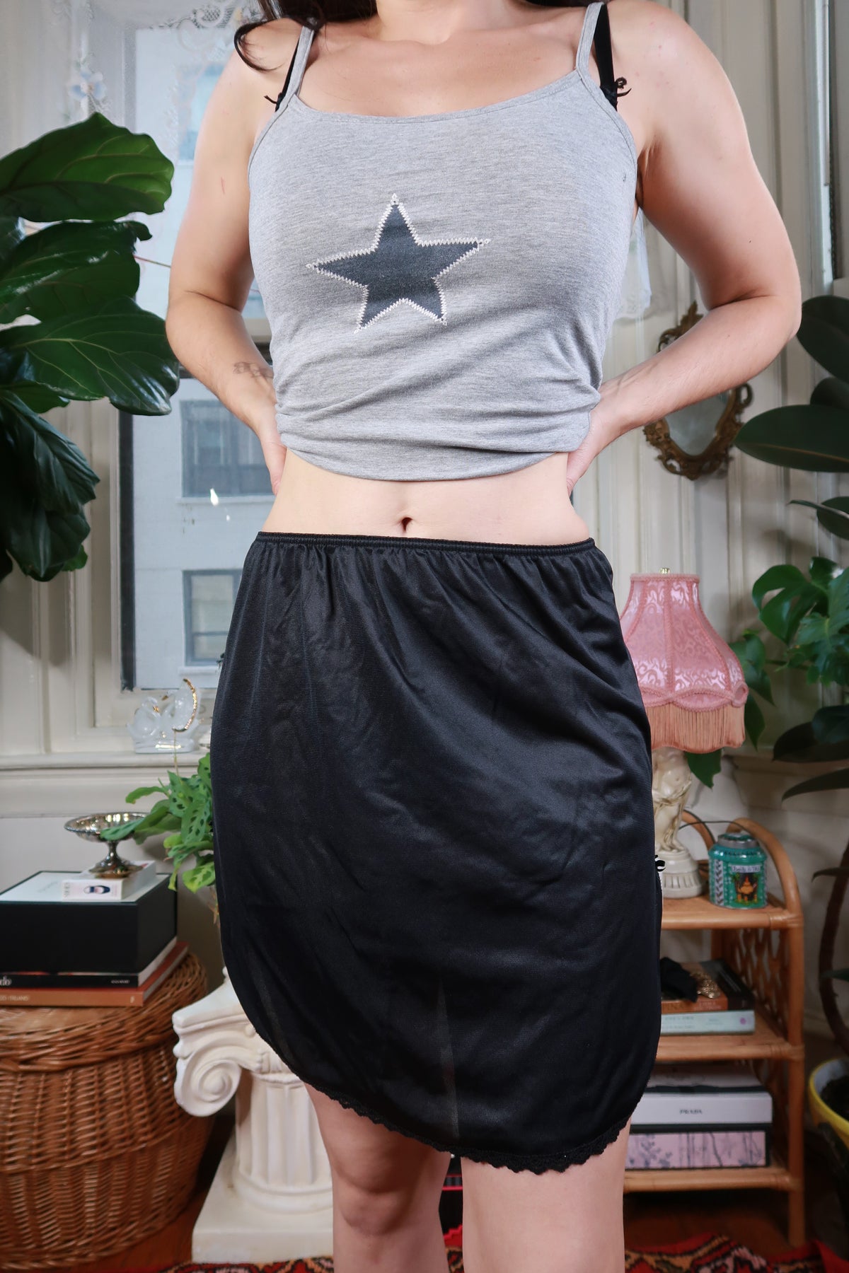 Elektra Vintage black sheer slip skirt with lace hem, vintage half slip skirt for a delicate, elegant look.