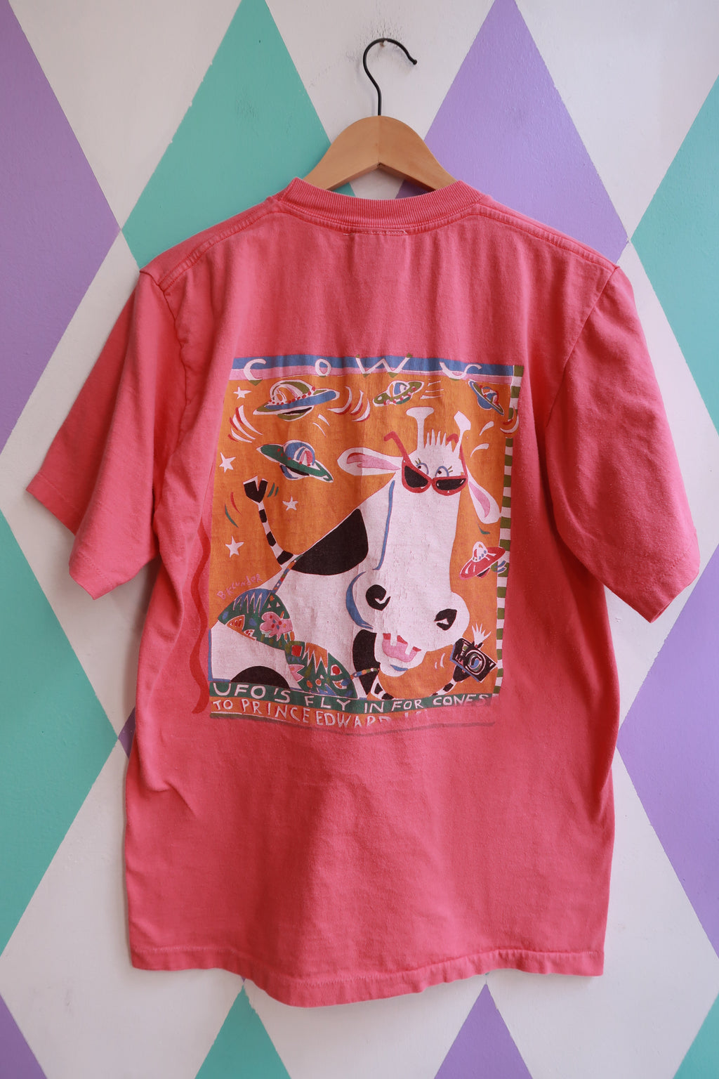 Vintage 90s Cow’s Homemade Ice Cream Graphic Tee by Elektra Vintage featuring a colorful cow and ice cream illustration on soft fabric.