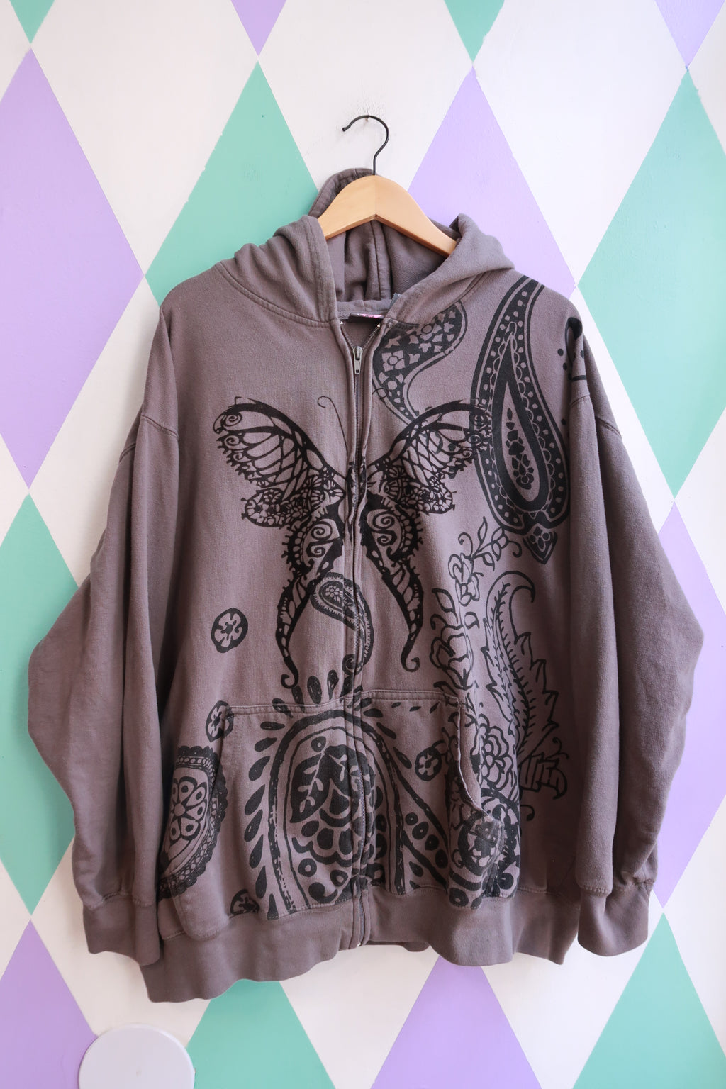 Vintage 2000s Zip-Up Hoodie – Charcoal Grey with Black Butterfly & Paisley Graphic