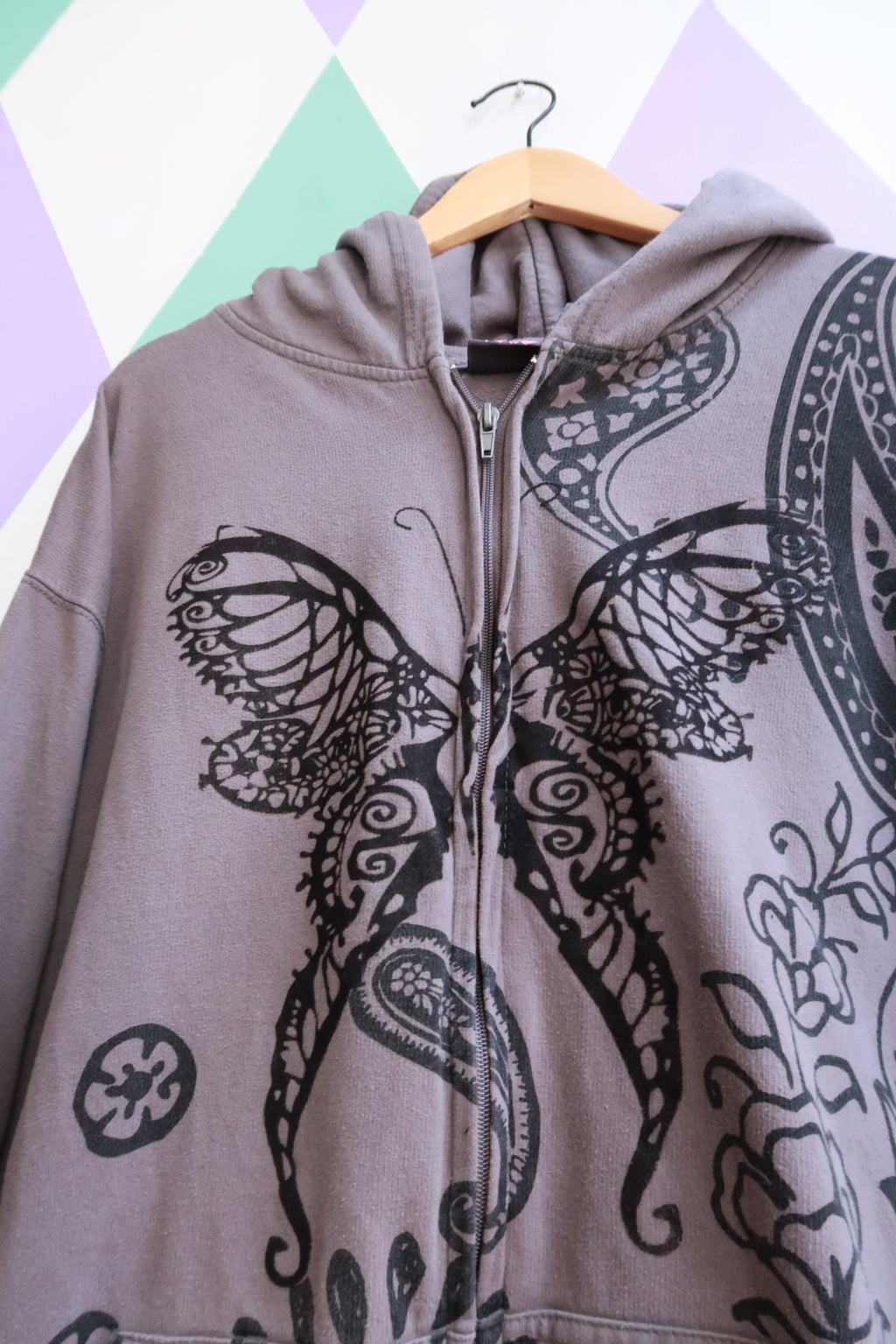 Vintage 2000s Zip-Up Hoodie – Charcoal Grey with Black Butterfly & Paisley Graphic