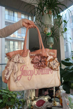 Load image into Gallery viewer, Vintage Juicy Couture Velour Daydreamer Tote Bag – Cream with Pink Logo &amp; Leather Floral Appliqués
