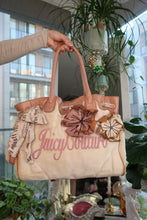 Load image into Gallery viewer, Vintage Juicy Couture Velour Daydreamer Tote Bag – Cream with Pink Logo &amp; Leather Floral Appliqués
