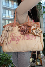 Load image into Gallery viewer, Vintage Juicy Couture Velour Daydreamer Tote Bag – Cream with Pink Logo &amp; Leather Floral Appliqués
