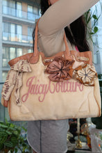 Load image into Gallery viewer, Vintage Juicy Couture Velour Daydreamer Tote Bag – Cream with Pink Logo &amp; Leather Floral Appliqués
