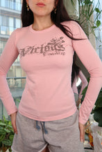 Load image into Gallery viewer, Vintage Juicy Couture “Vicious Couture” Long Sleeve Tee – Pink with Gothic Logo &amp; Rose Graphic
