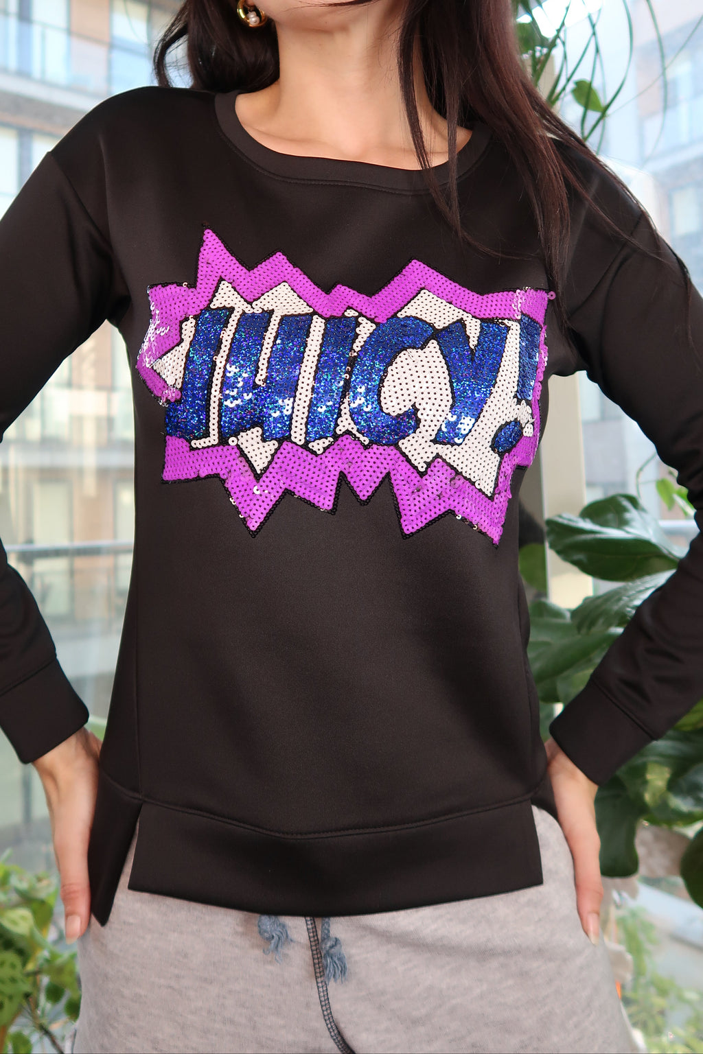 Juicy Couture Black Sequin Comic Pop Art Long Sleeve