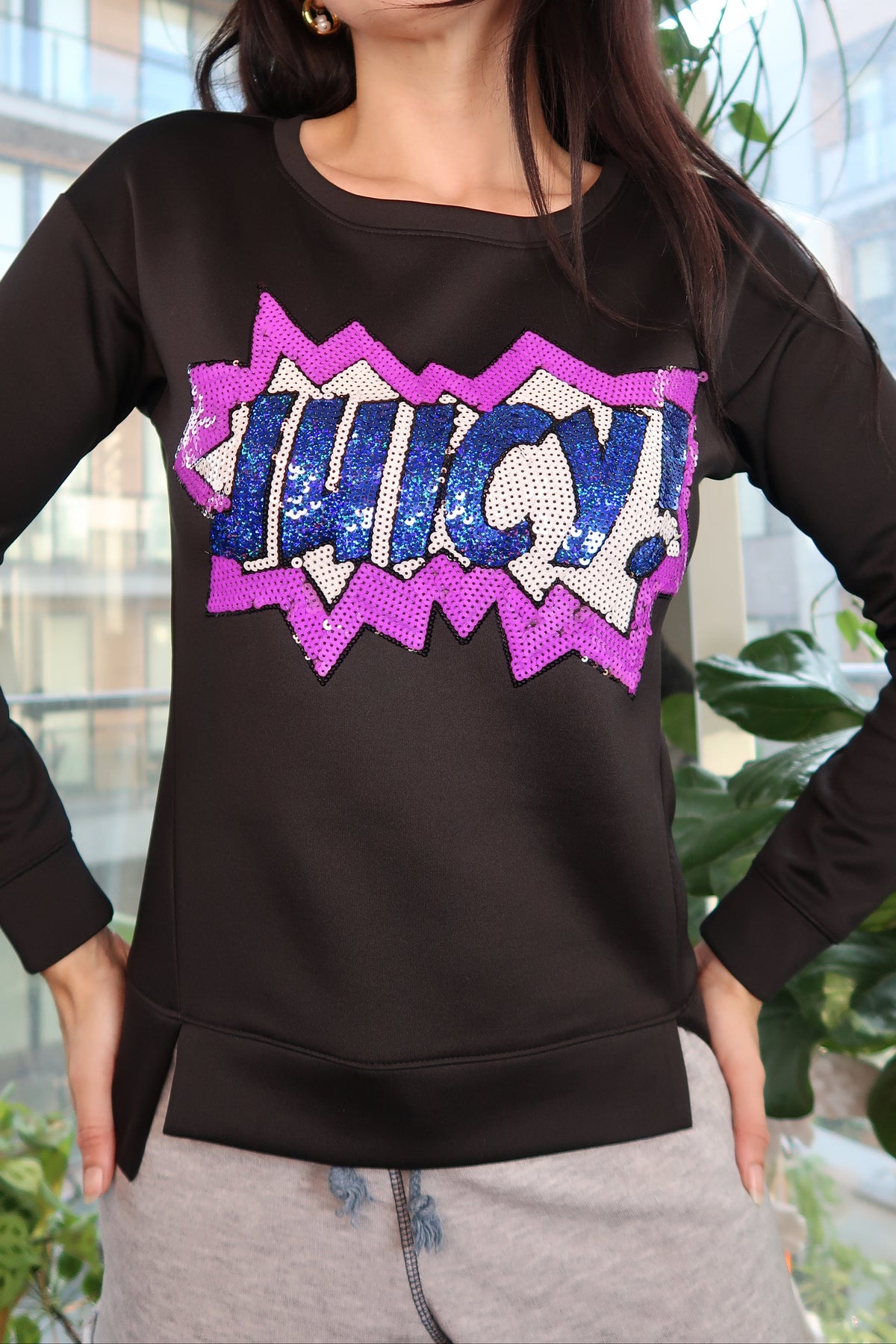 Juicy Couture Black Sequin Comic Pop Art Long Sleeve