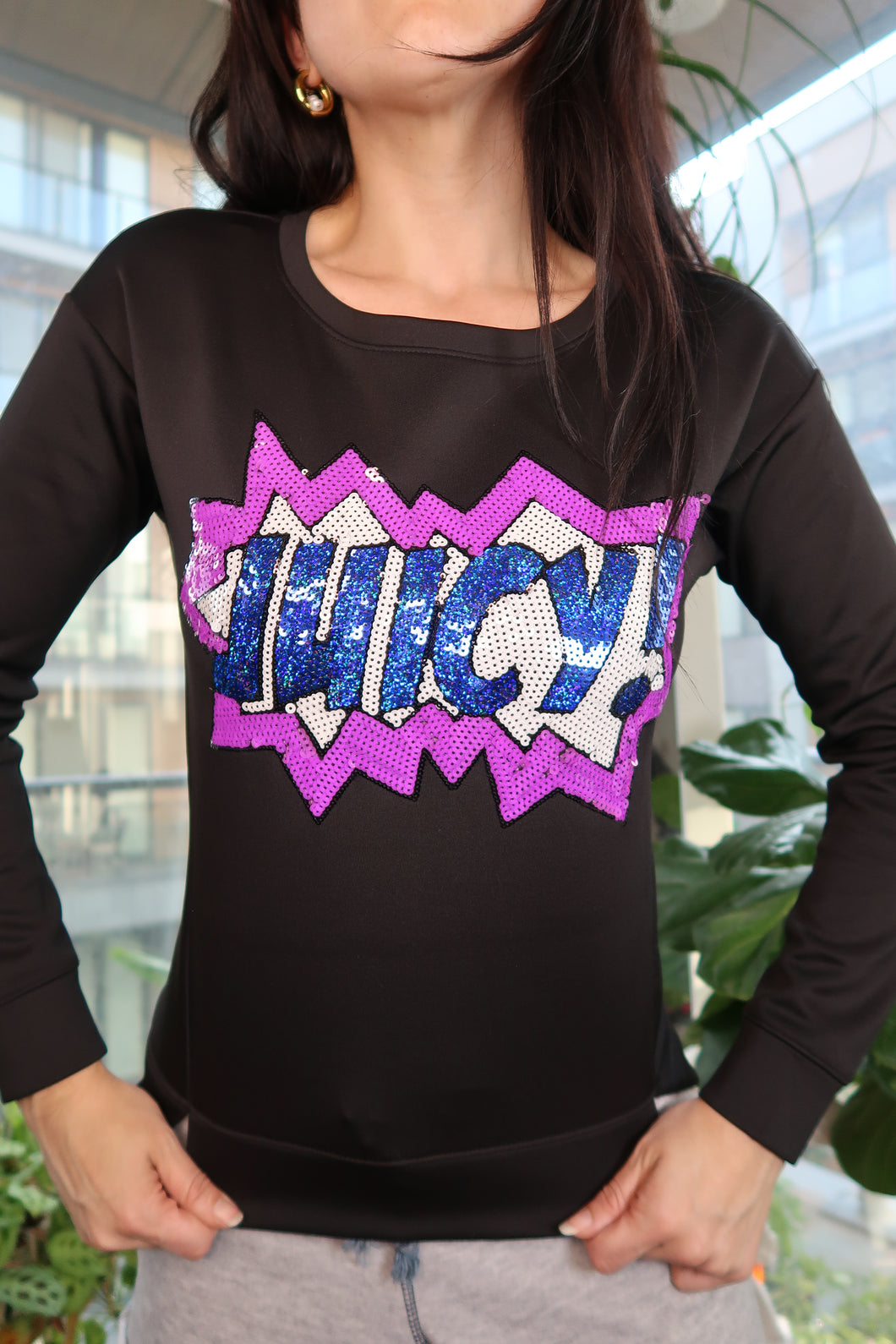 Juicy Couture Black Sequin Comic Pop Art Long Sleeve