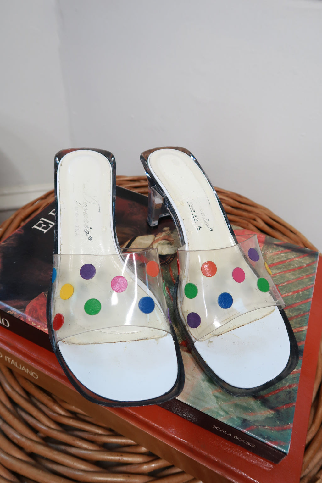 Vintage Y2K clear polka dot Lucite mule heels by Elektra Vintage, showcasing transparent heels with black polka dot pattern.