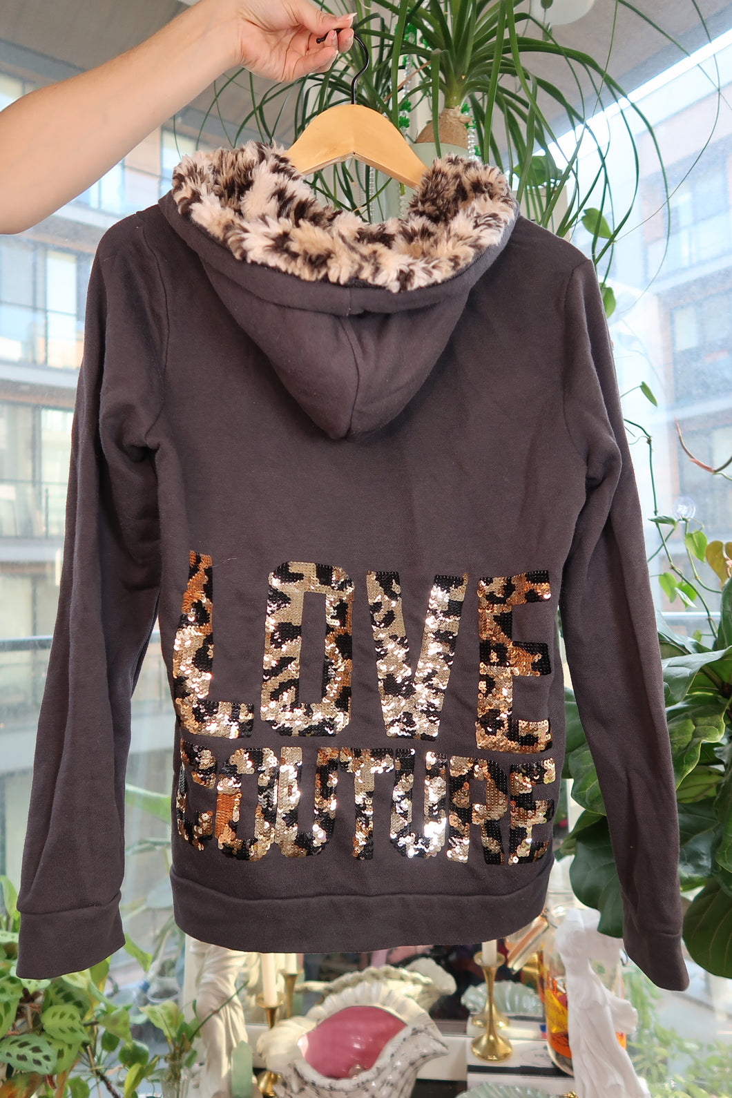 Vintage Juicy Couture Zip-Up Hoodie – Leopard Sequin “Love Couture” Back & Faux Fur Trim