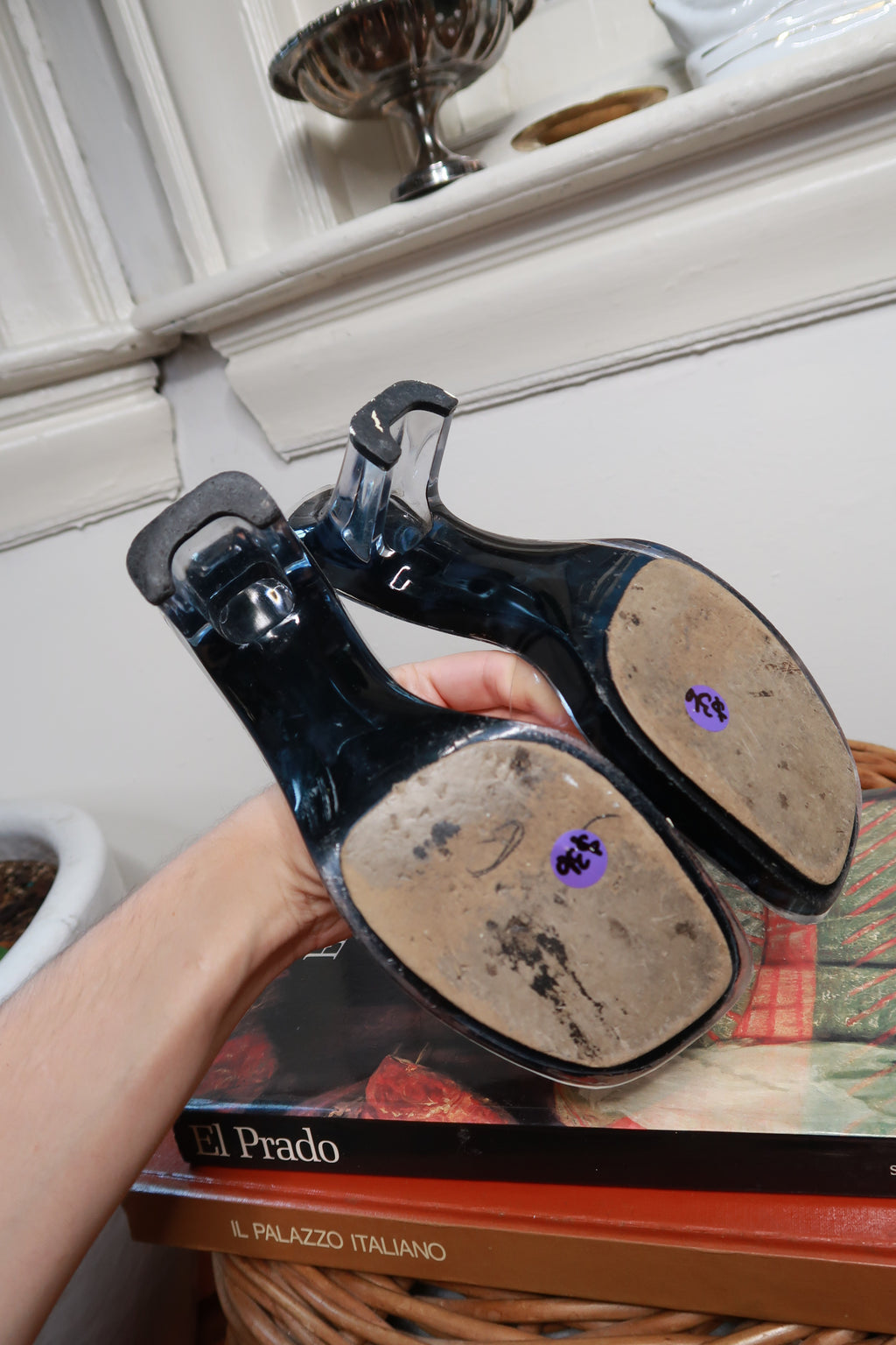 Vintage Elektra Y2K clear polka dot lucite mule heels with open toe and chunky heel, showcasing retro-inspired style.