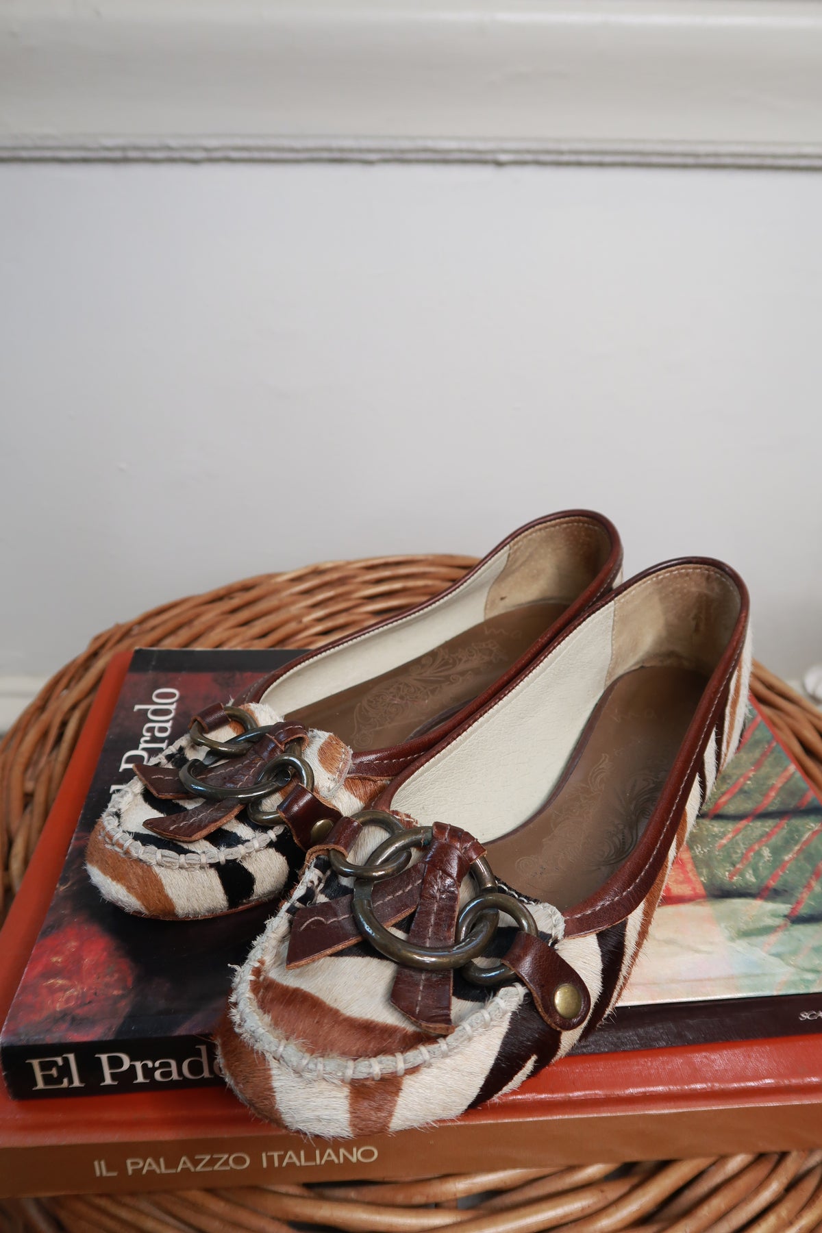 Elektra Vintage zebra print calf hair leather loafers with classic slip-on design and pointed toe, stylish and unique footwear.