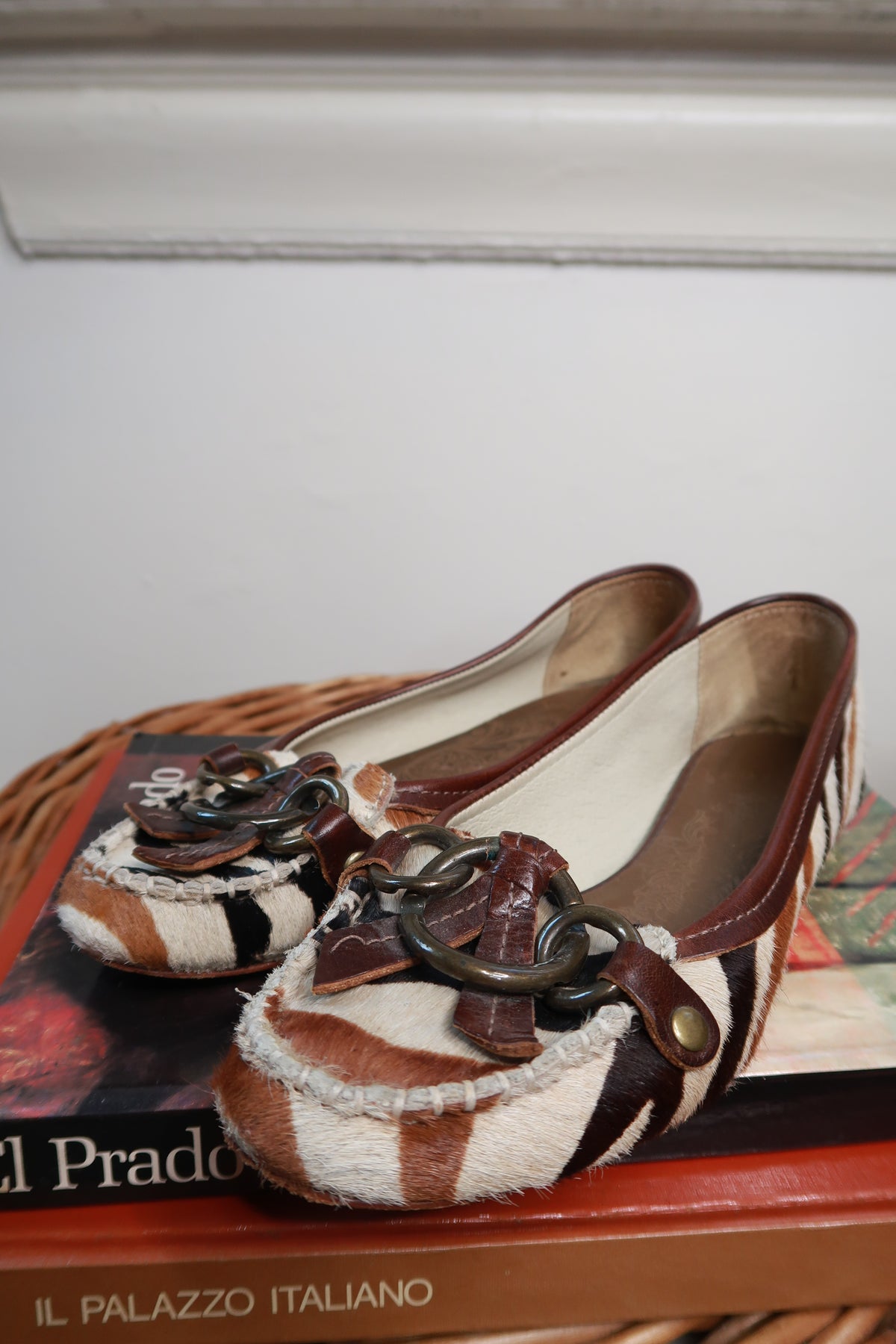 Vintage zebra print calf hair leather loafers by Elektra Vintage, showcasing classic design and textured animal print material.