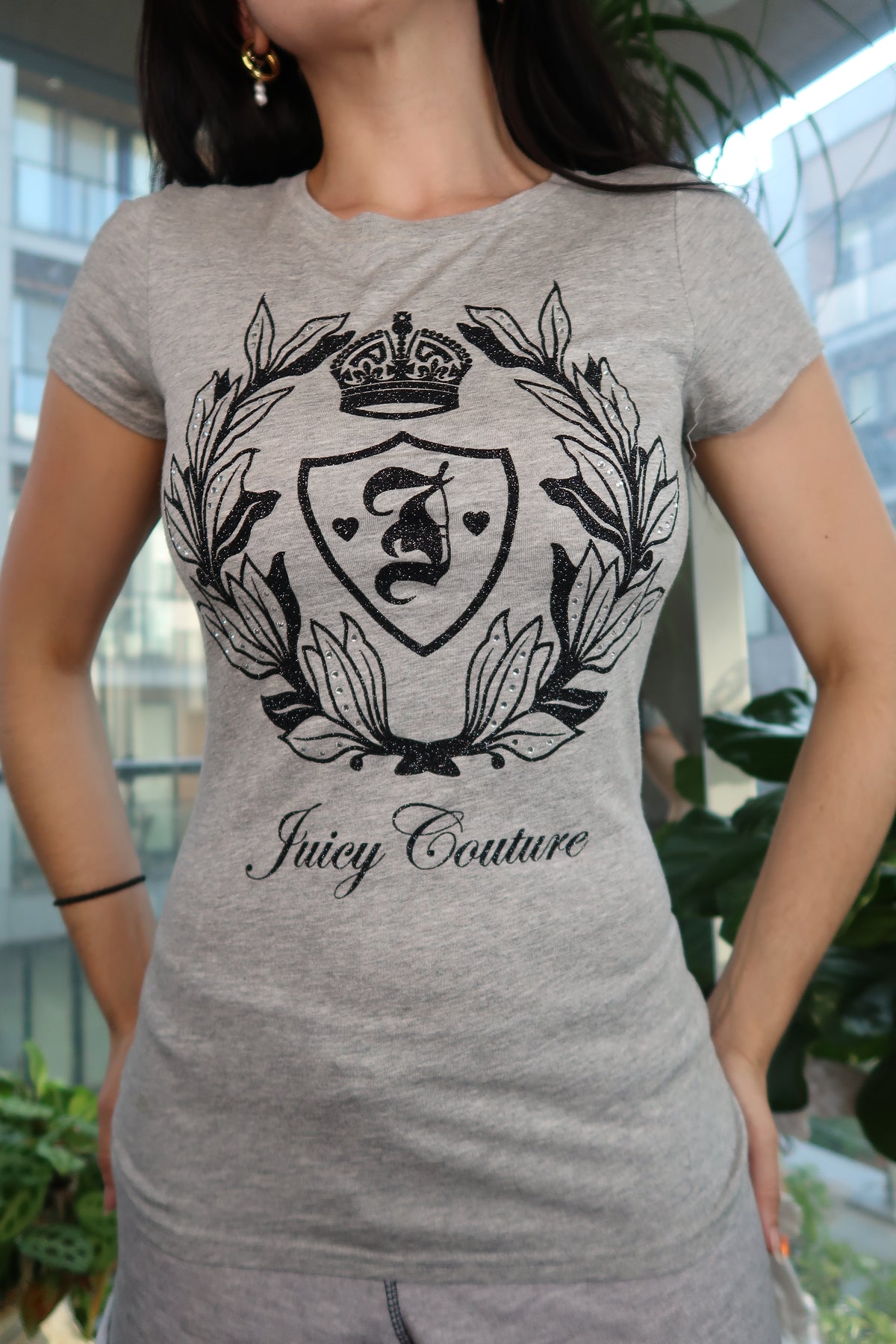 Elektra Vintage women's gray crest velour graphic tee featuring Juicy Couture branding and a casual, comfortable fit.