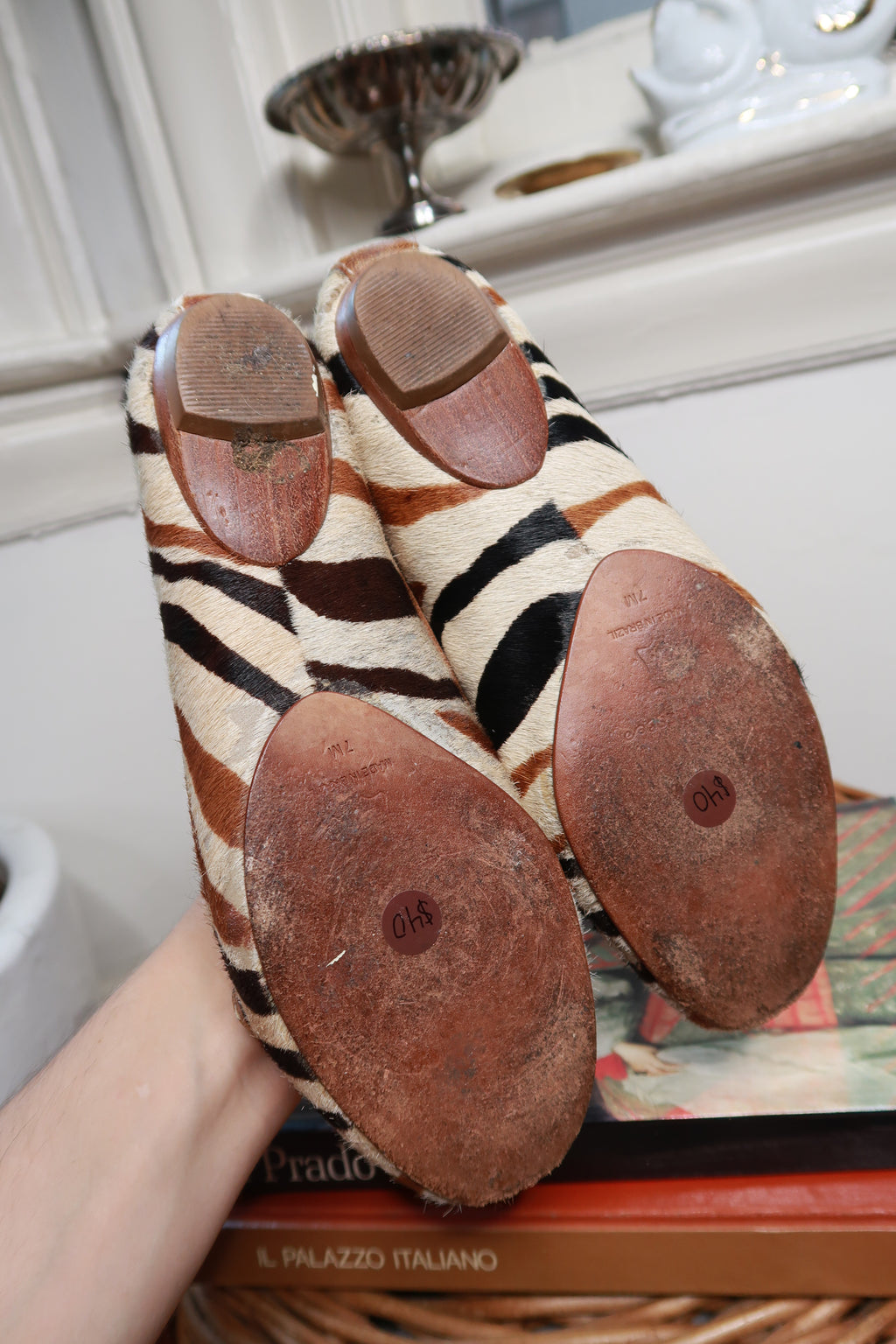 Elektra Vintage vintage zebra print calf hair leather loafers with classic slip-on design and stylish animal pattern detail.