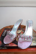 Pink metallic rhinestone heeled slide sandals by Elektra Vintage featuring vintage Anne Michelle style.