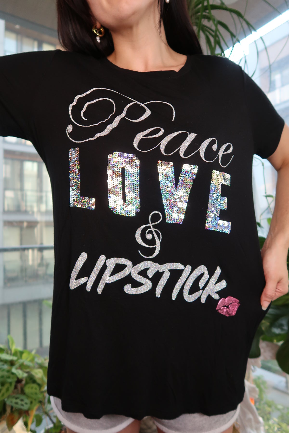 Juicy Couture Peace Love & Lipstick Sequin Graphic Tee