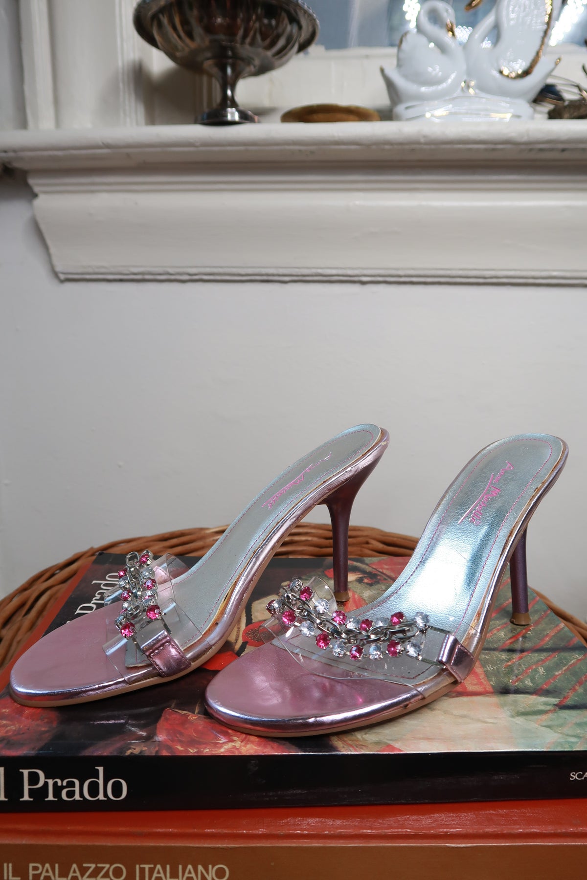 Pink metallic rhinestone heeled slide sandals by Elektra Vintage featuring vintage Anne Michelle design and stylish open-toe style
