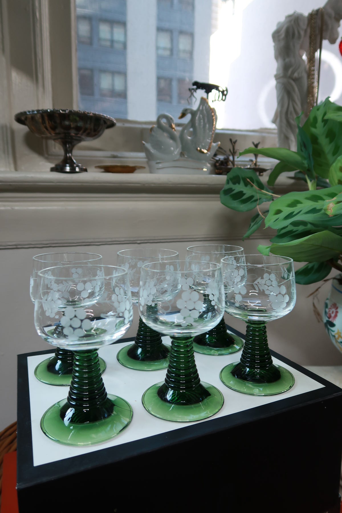 Set of six vintage etched green grape cordial wine glasses by Elektra Vintage, featuring delicate stem and etched grape design.