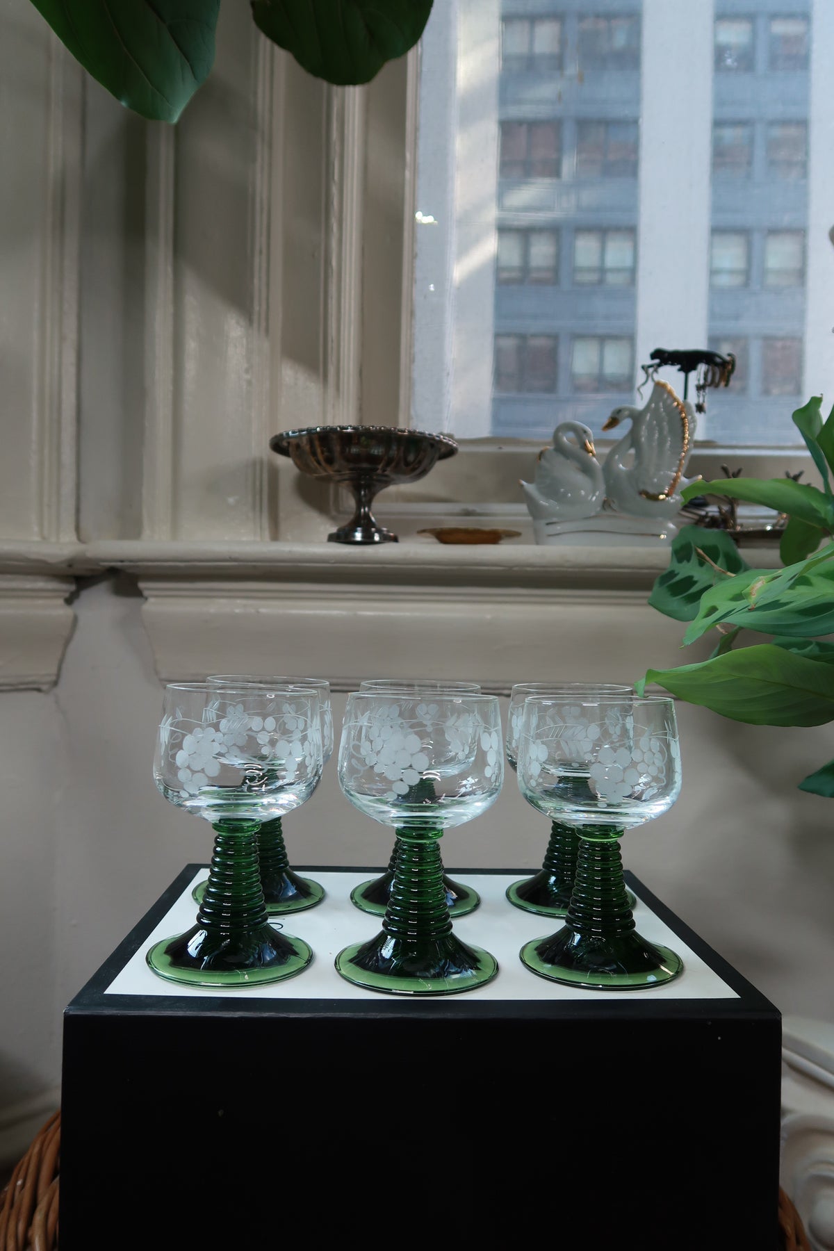 Set of six vintage Elektra Vintage etched grape green stem cordial wine glasses, featuring detailed grape and leaf designs.