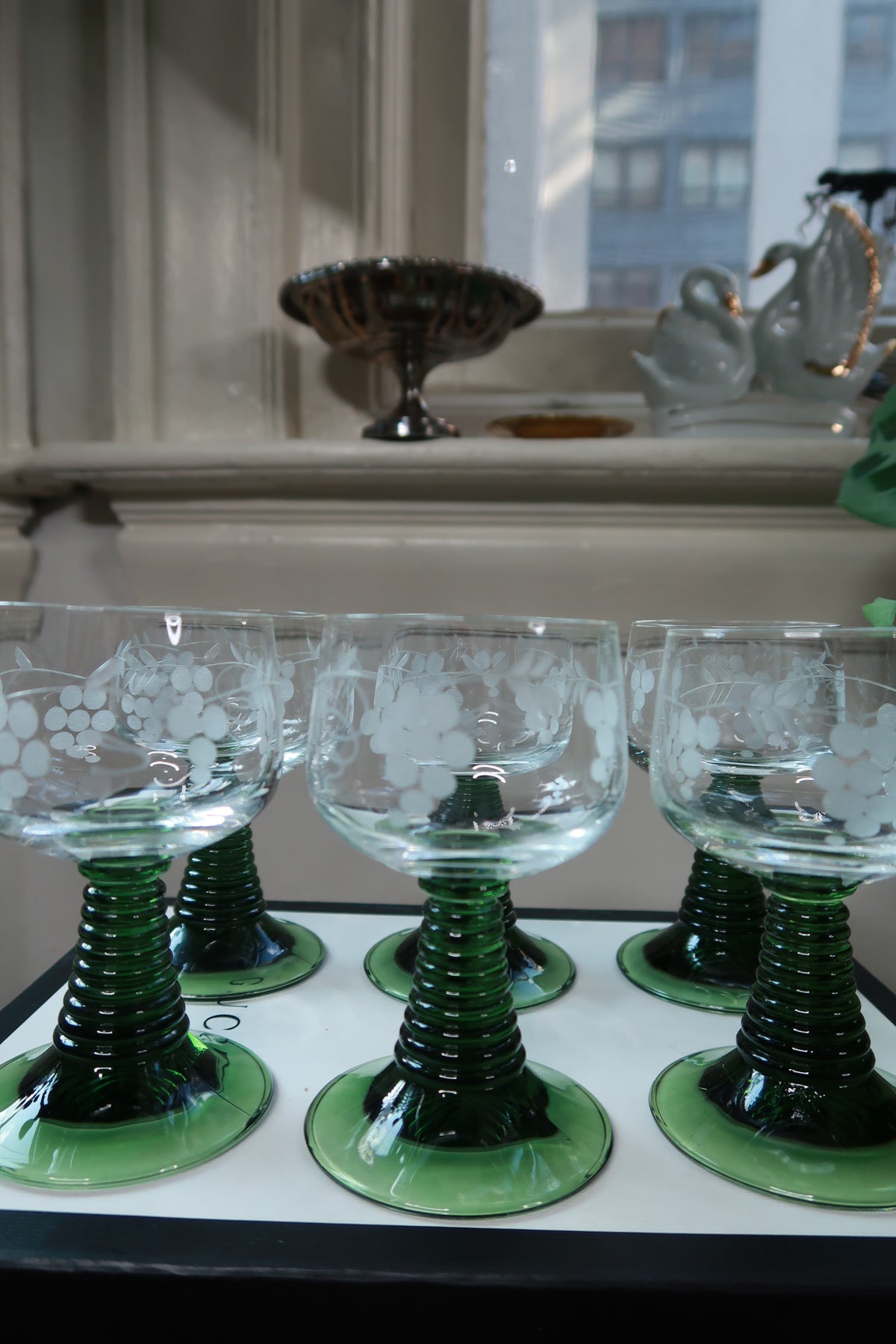 Set of six vintage etched green grape stem cordial wine glasses by Elektra Vintage, showcasing intricate detailing on clear glass.
