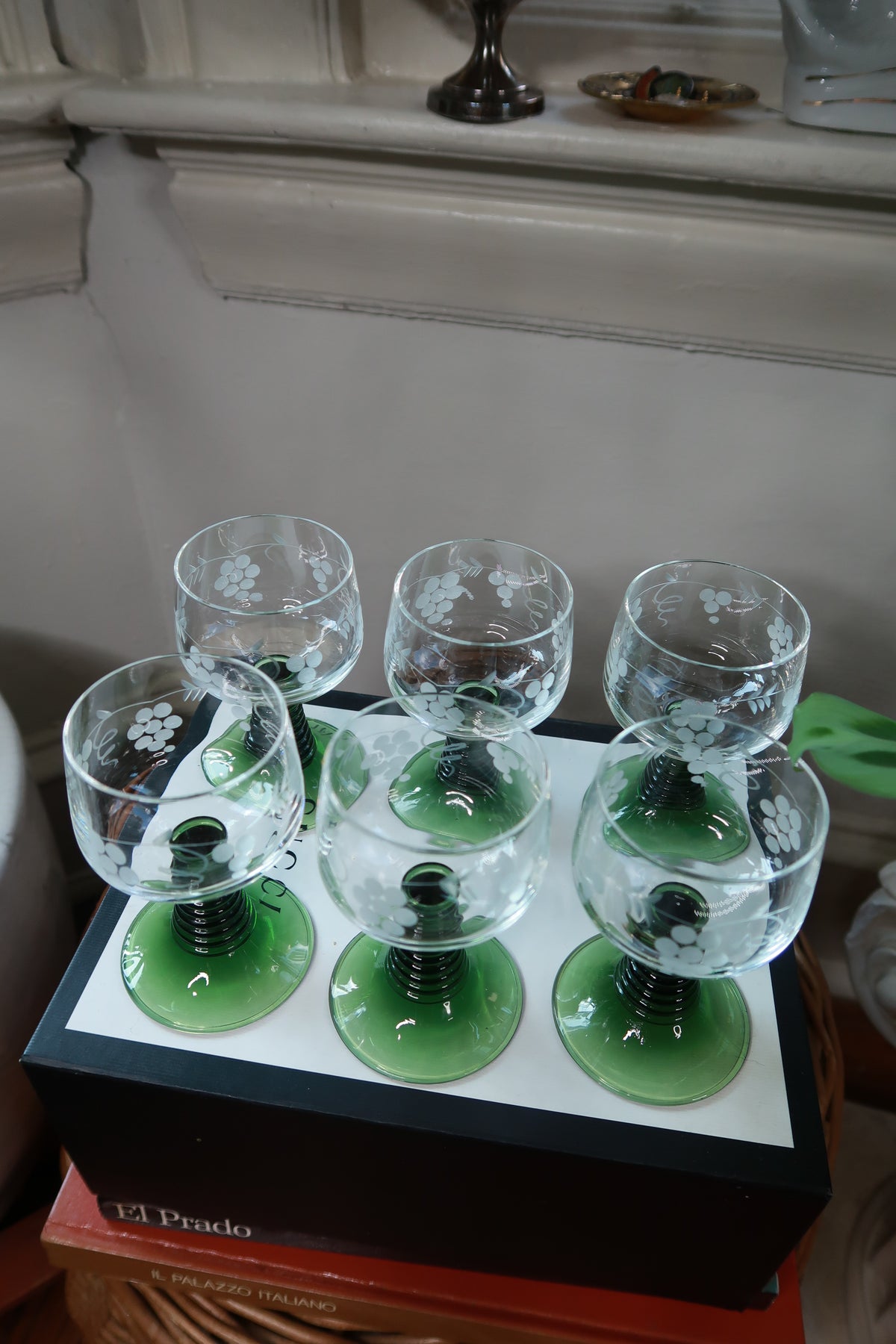 Set of six vintage Elektra Vintage etched green grape cordial wine glasses with stem and delicate etched grape design.