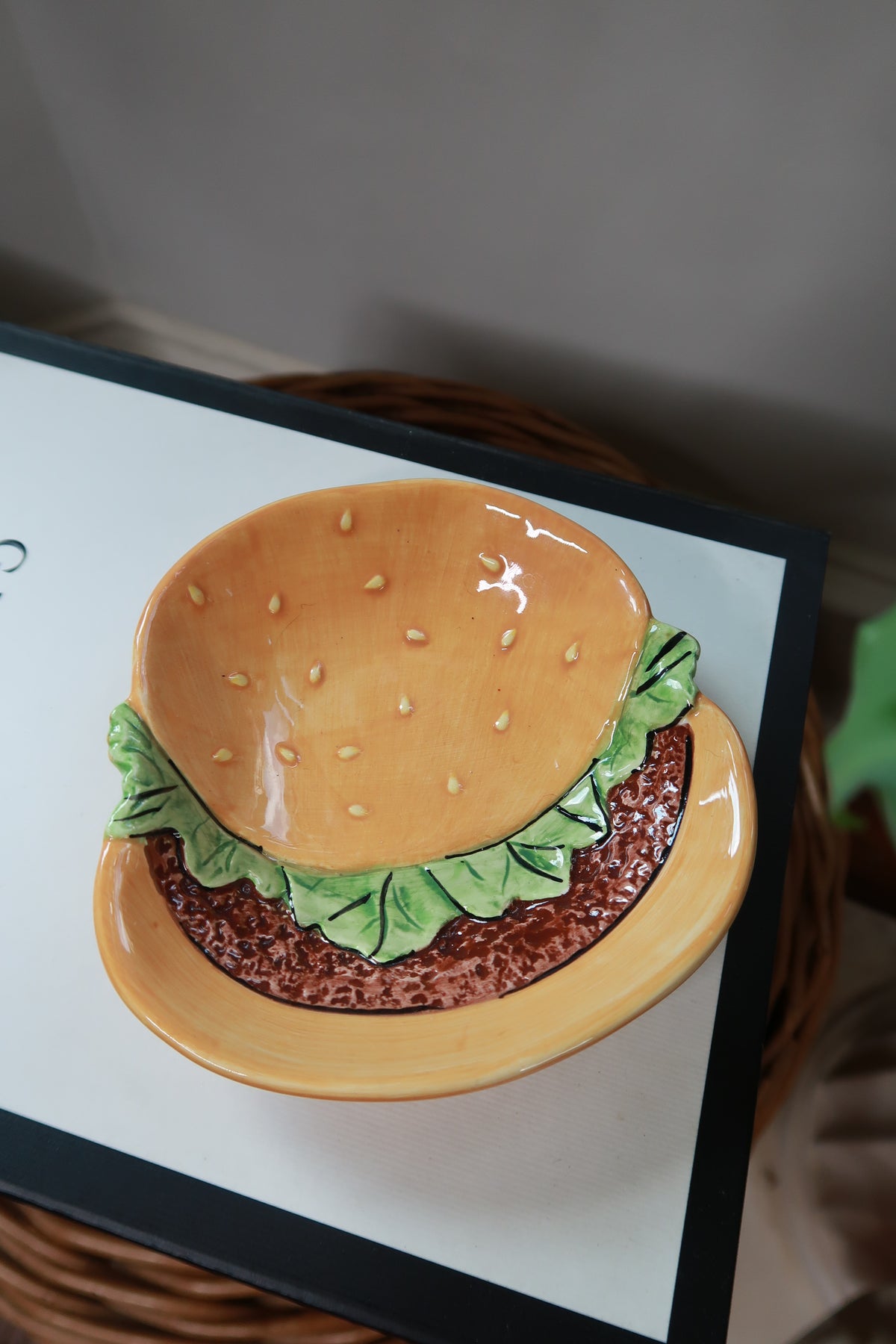 Vintage ceramic hamburger trinket dish by Elektra Vintage, featuring a novelty burger ring holder with colorful, detailed design.