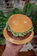 Vintage ceramic hamburger-shaped trinket dish by Elektra Vintage, featuring a novelty burger ring holder with colorful details.