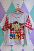 Vintage 90s Taz Looney Tunes graphic T-shirt with plaid sleeves, Elektra Vintage, featuring Taz cartoon print and colorful sleeve details.