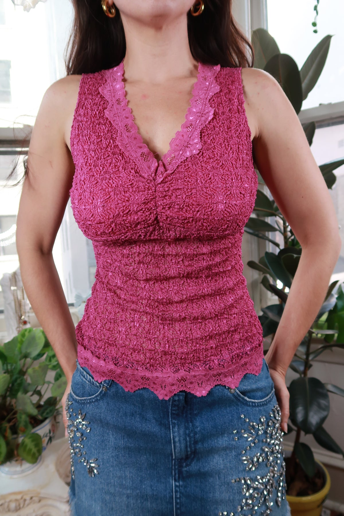 Vintage Y2K Raspberry popcorn knit lace trim women's tank top by Elektra Vintage, featuring colorful textured fabric and lace accents.