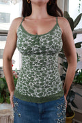 Vintage 2000s American Eagle green bubble print lace trim cami tank for women, styled with delicate lace details and a relaxed fit.
