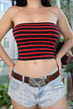 Load image into Gallery viewer, Vintage Black &amp; Red Striped Tube Top – Y2K Stretch Knit Bandeau
