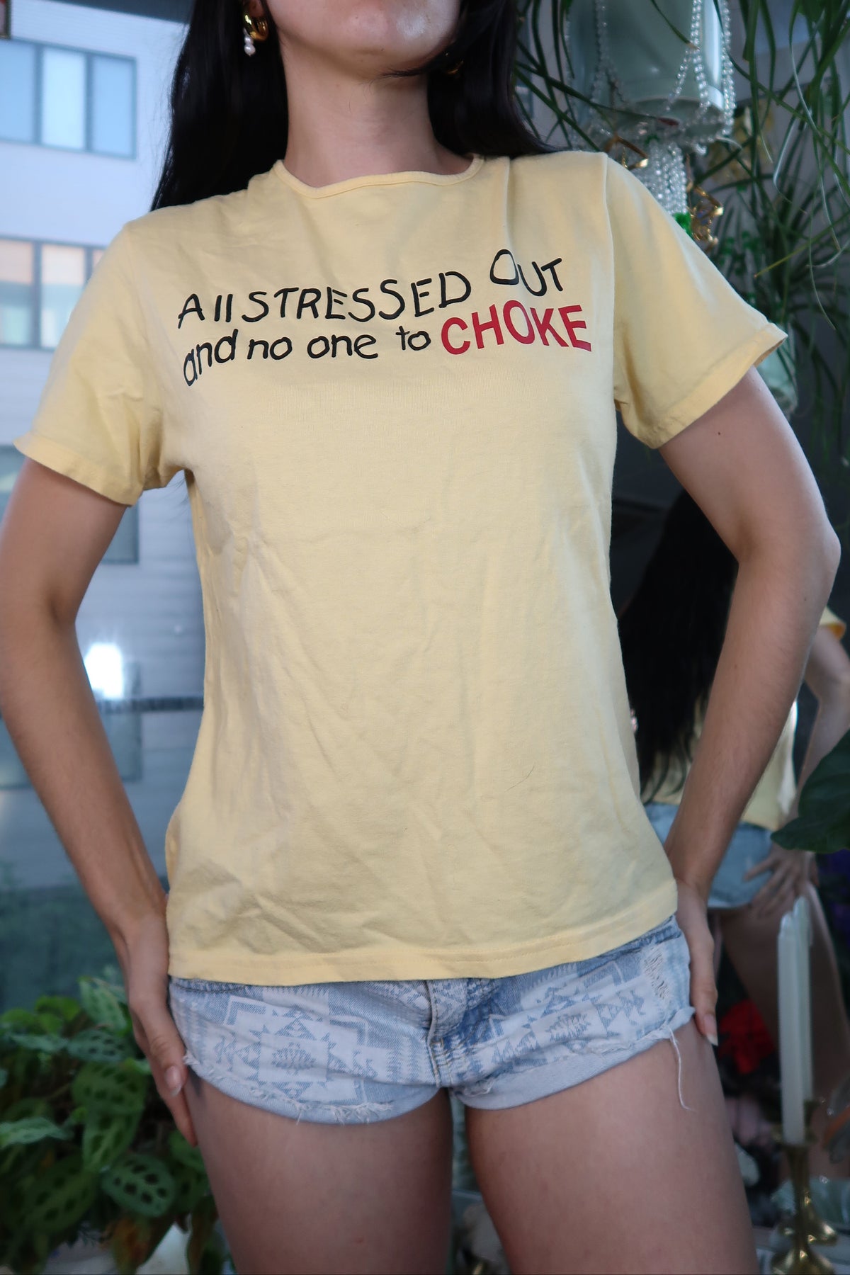 Vintage Yellow Graphic Tee – “All Stressed Out and No One to Choke” Y2K Humor Shirt
