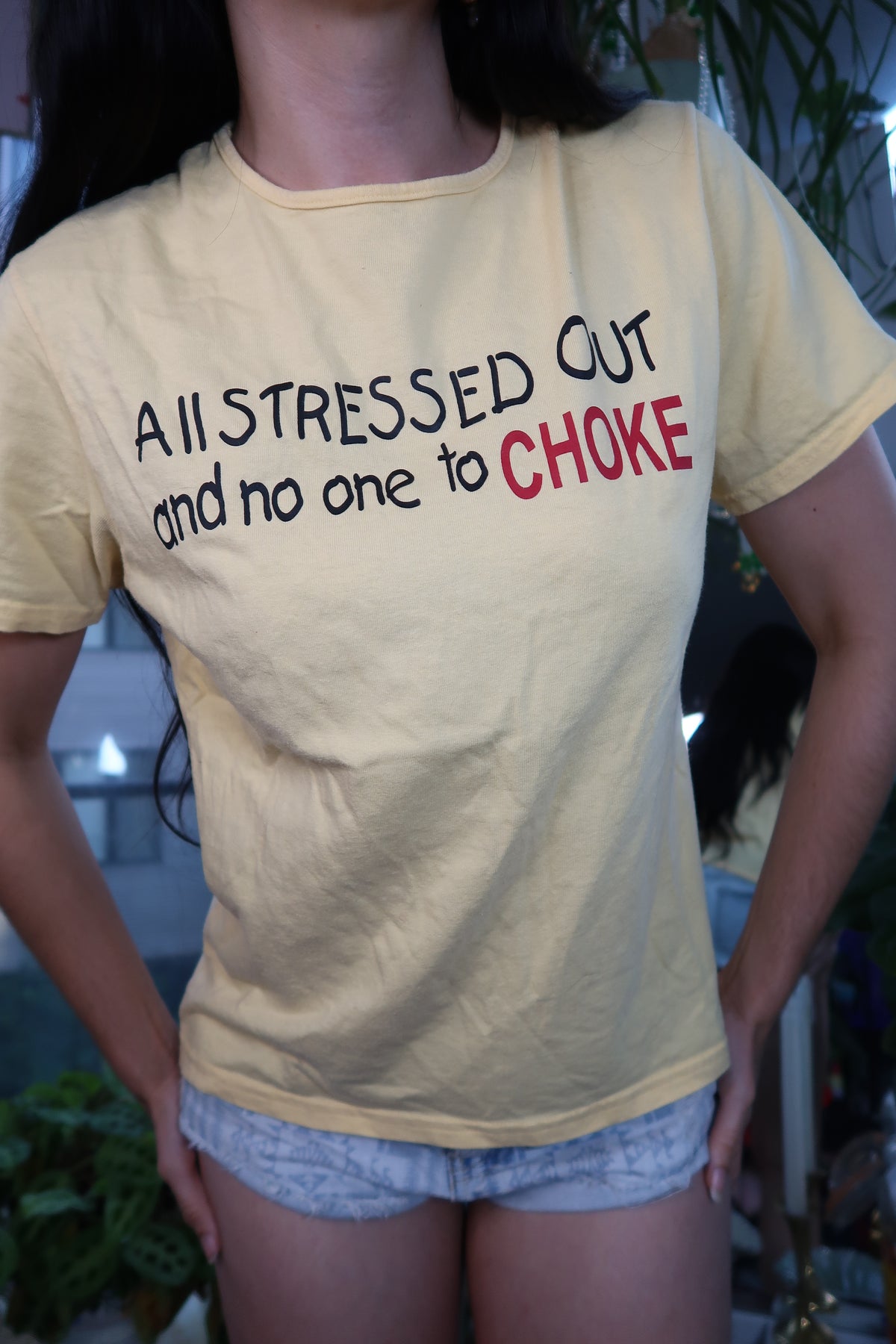 Vintage Yellow Graphic Tee – “All Stressed Out and No One to Choke” Y2K Humor Shirt