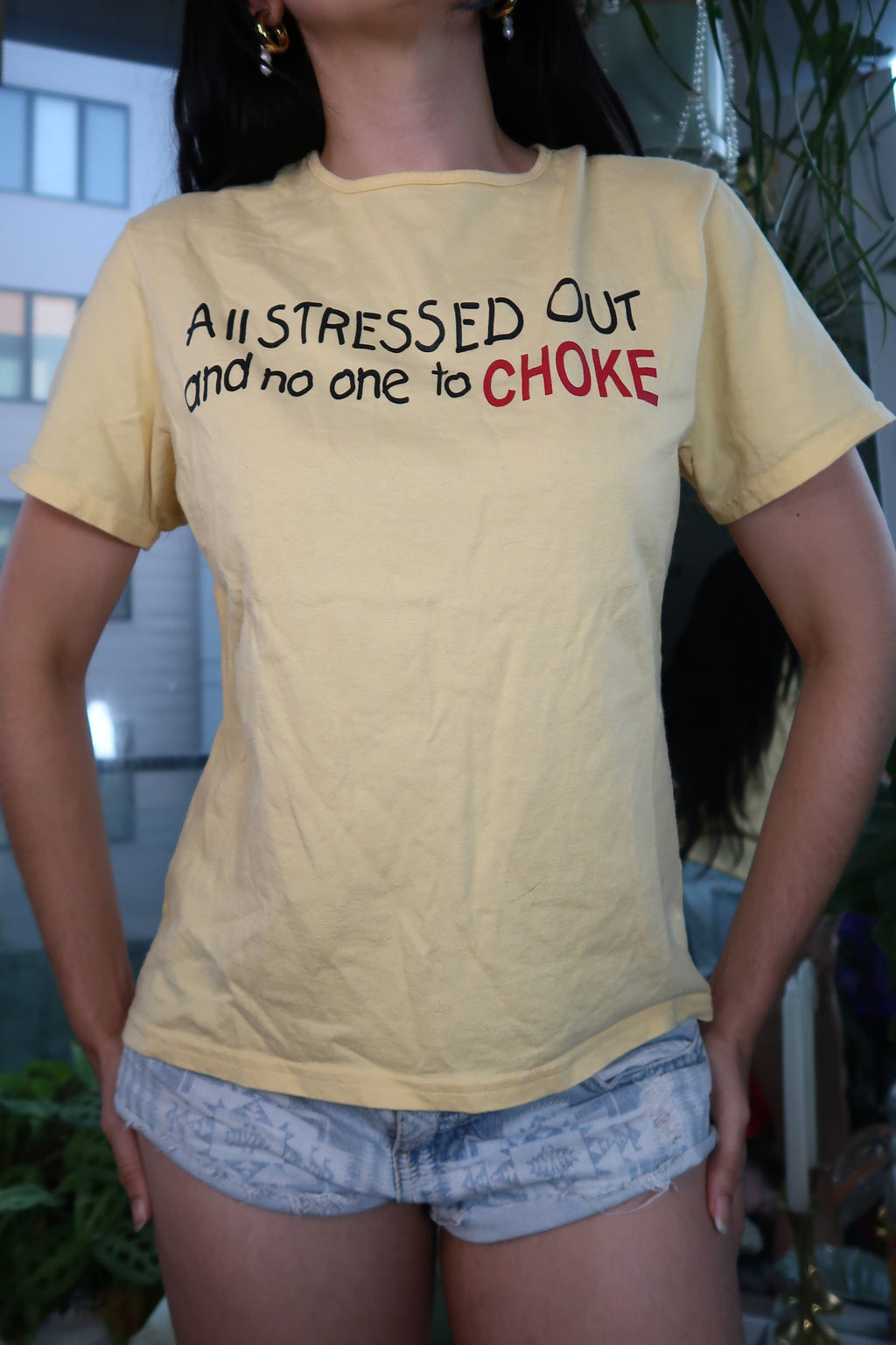 Vintage Yellow Graphic Tee – “All Stressed Out and No One to Choke” Y2K Humor Shirt