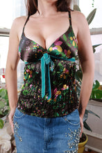 Load image into Gallery viewer, Vintage Y2K Black Floral Satin Cami Top with Teal Velvet Bow
