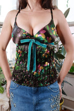Load image into Gallery viewer, Vintage Y2K Black Floral Satin Cami Top with Teal Velvet Bow
