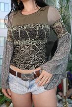 Load image into Gallery viewer, Vintage Save the Queen Mesh Patchwork Top – Mixed Print Bell Sleeve Statement Shirt
