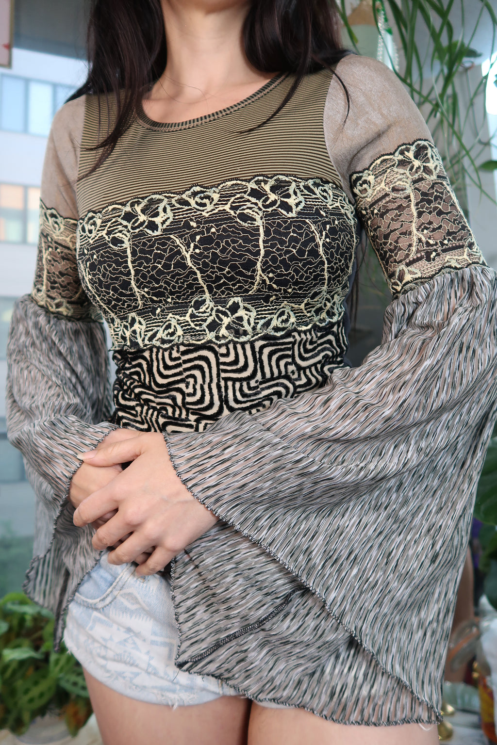 Vintage Save the Queen Mesh Patchwork Top – Mixed Print Bell Sleeve Statement Shirt