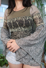 Load image into Gallery viewer, Vintage Save the Queen Mesh Patchwork Top – Mixed Print Bell Sleeve Statement Shirt
