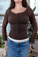 Load image into Gallery viewer, Vintage Y2K Brown Sheer Silk and Ribbed Knit Tie Front Long Sleeve Top
