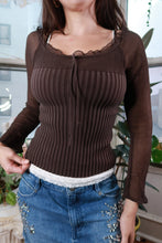 Load image into Gallery viewer, Vintage Y2K Brown Sheer Silk and Ribbed Knit Tie Front Long Sleeve Top
