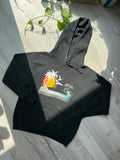 Black Russell hoodie with vintage Wildwood New Jersey design, featuring bold print and classic 80s style from Elektra Vintage.