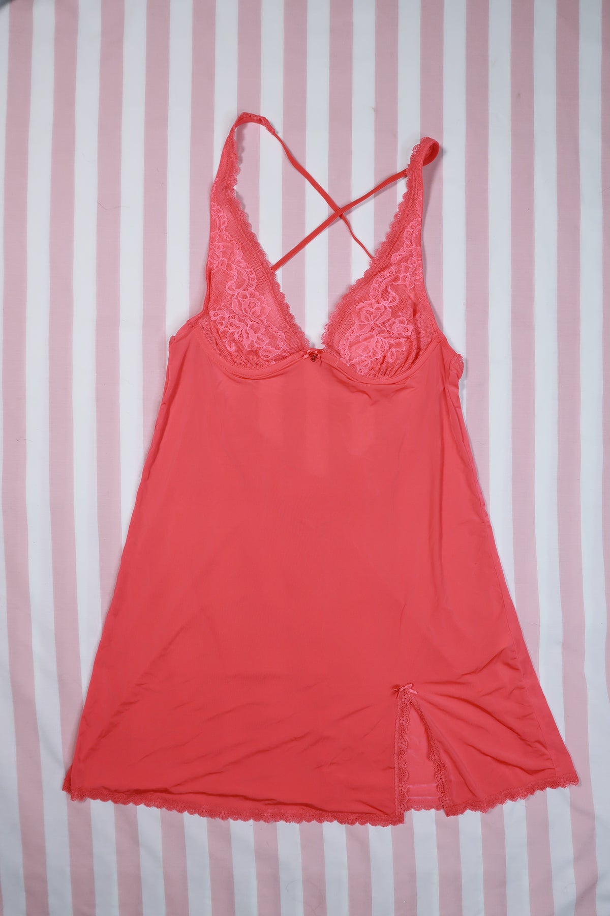 Vintage 2000s Victoria’s Secret coral lace halter slip dress by Elektra Vintage, featuring delicate lace details and a halter neckline.