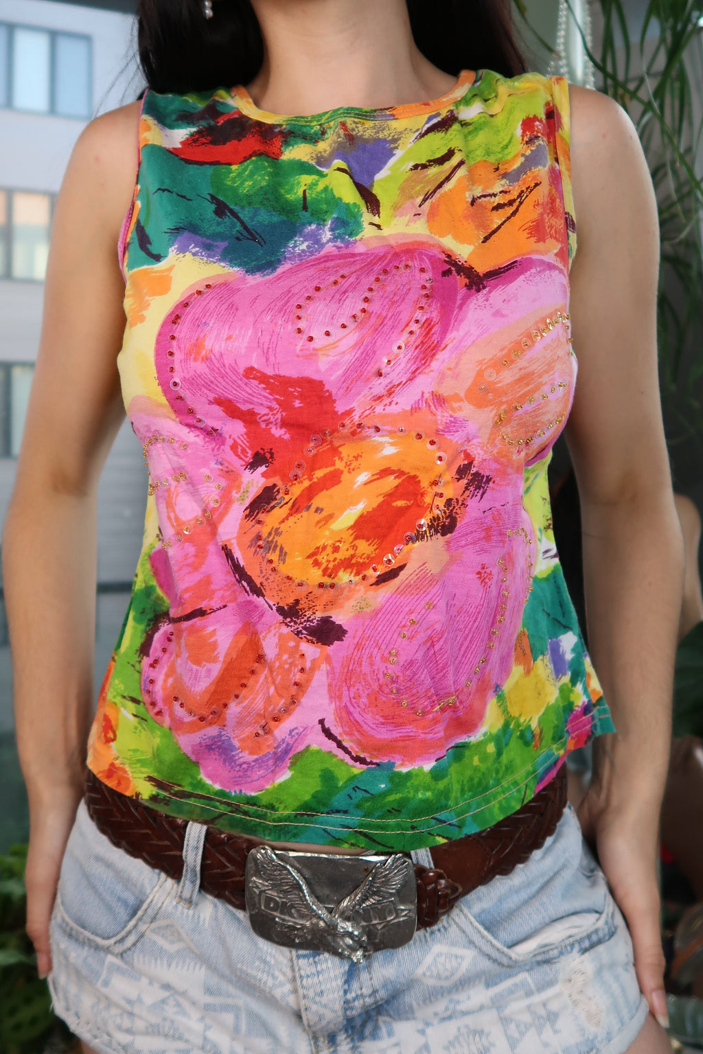 Vintage Painted Sequin Floral Tank Top – Y2K Abstract Art Print Sleeveless Shirt - Elektra Vintage